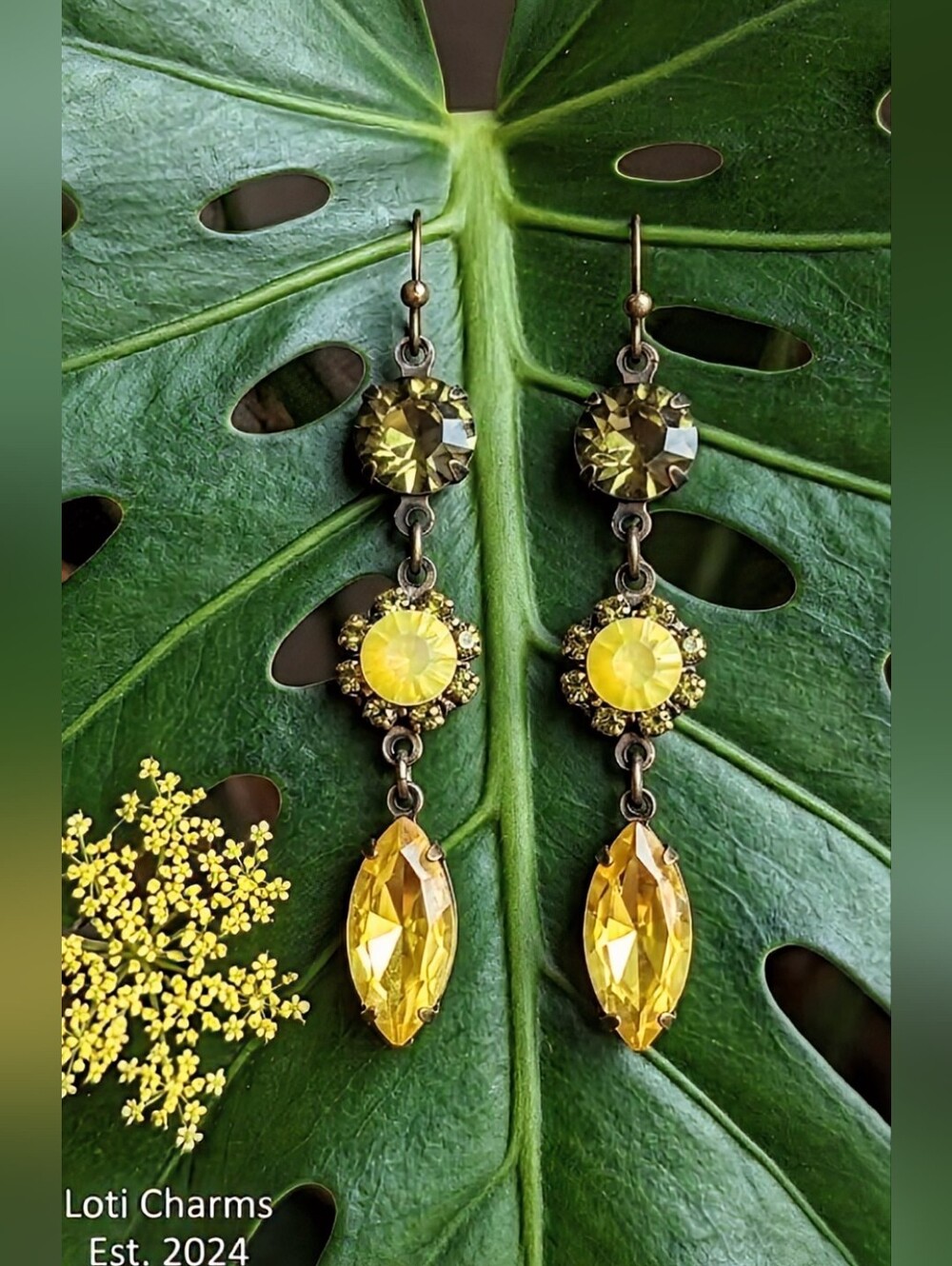 Yellow & Olive Green  Flower Swarovski Crystals In Three Tier Brass Earrings